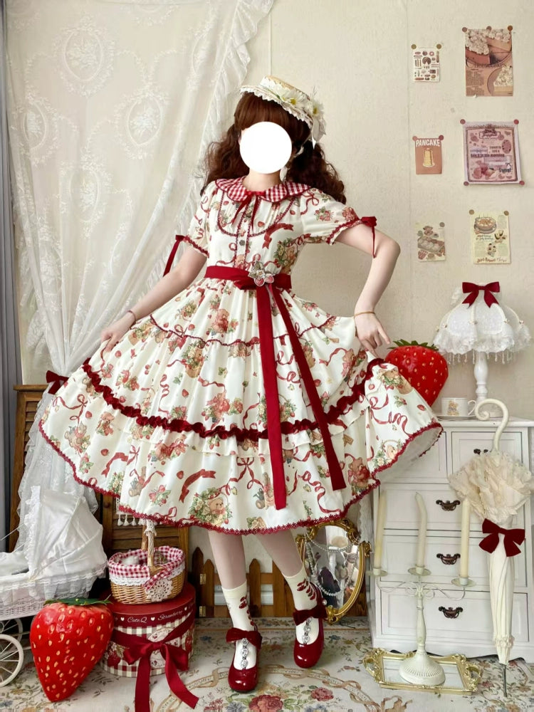 Qianmu - The Bear's Strawberry Field - Daily Lolita OP Dress With Petal Collar & Bear Strawberry Print Off-White OP S