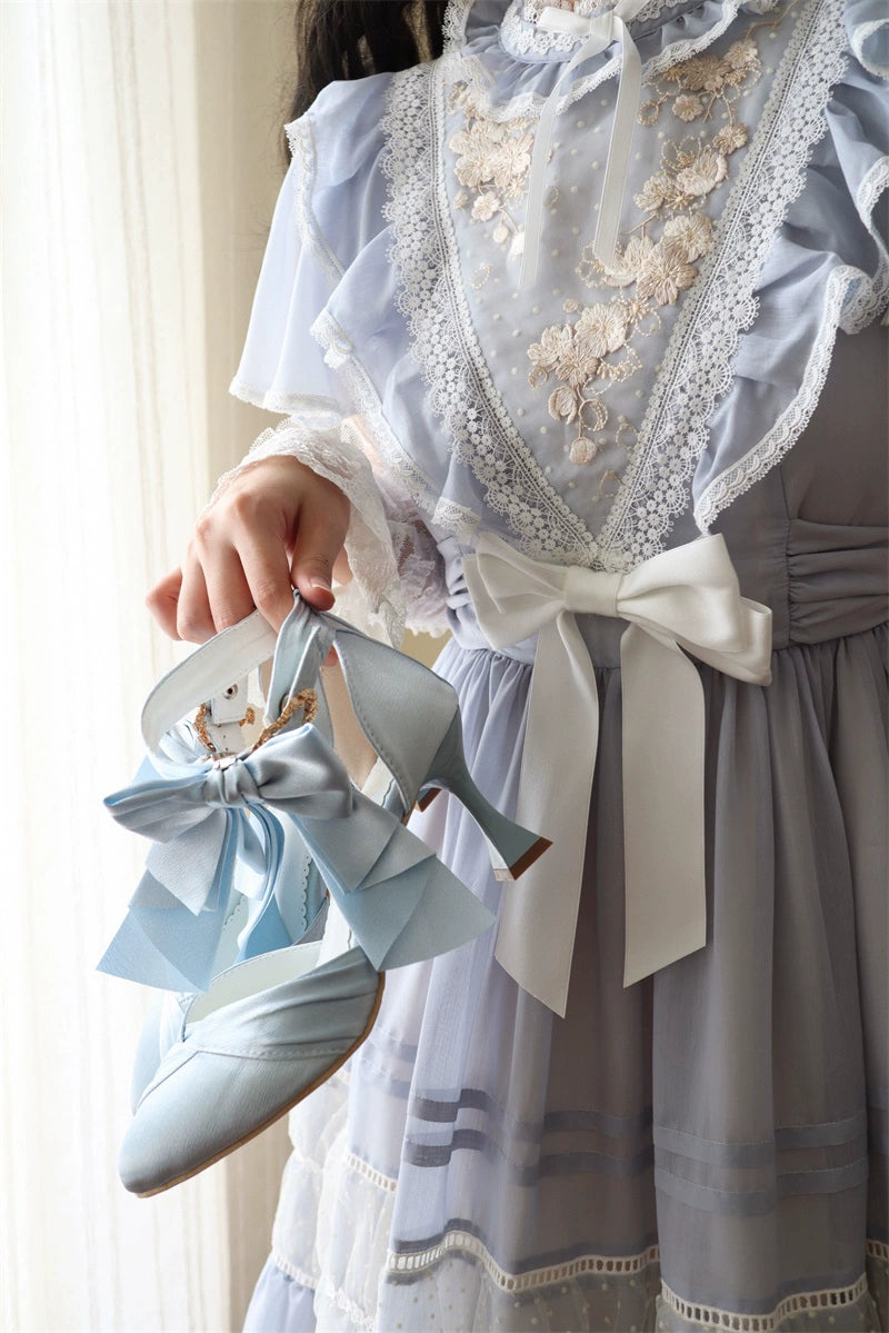 MR.Qiutian - Coronation - Elegant Lolita Shoes Satin Heels With Rose Buckle & Bow Clip Light blue 34