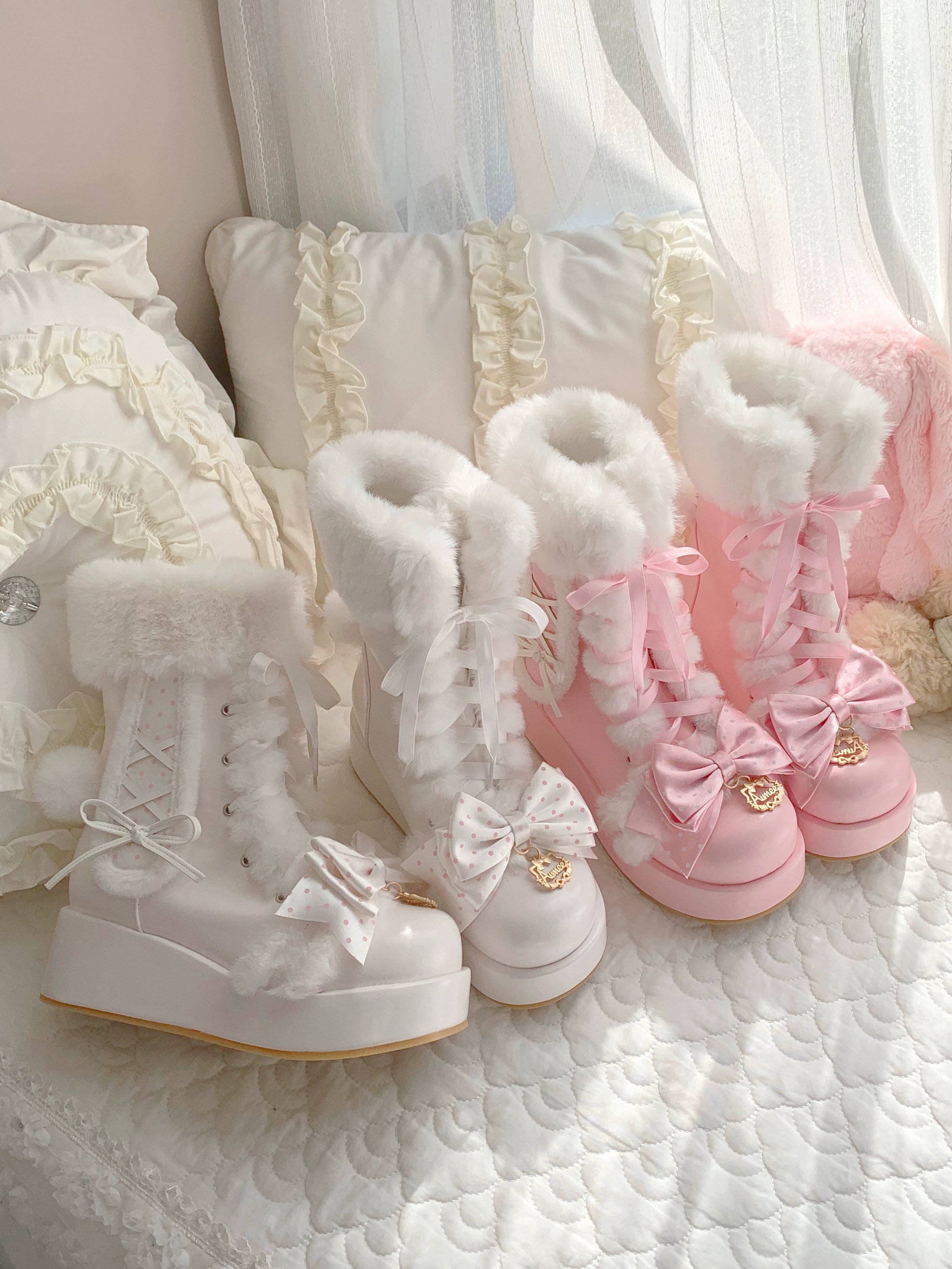 Aimee - Cherry Snow Bunny Ears - Winter Sweet Lolita Boots, Bunny Ears 44050:793569