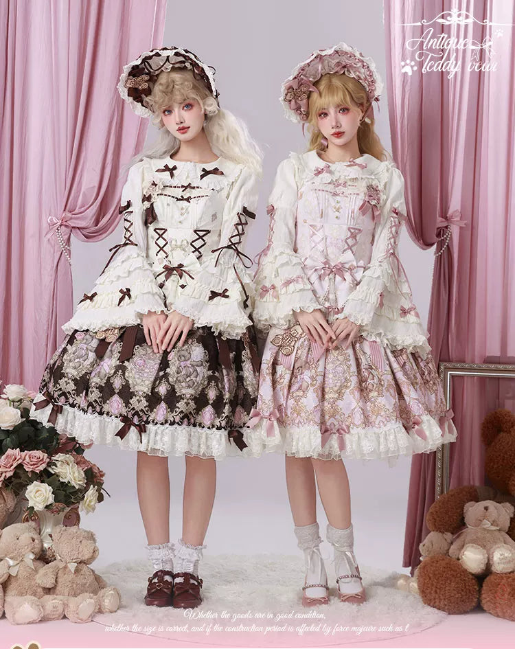 Antique Teddy Bear - Classic Lolita Printed JSK Dress with Ribbon Bows 45538:853232