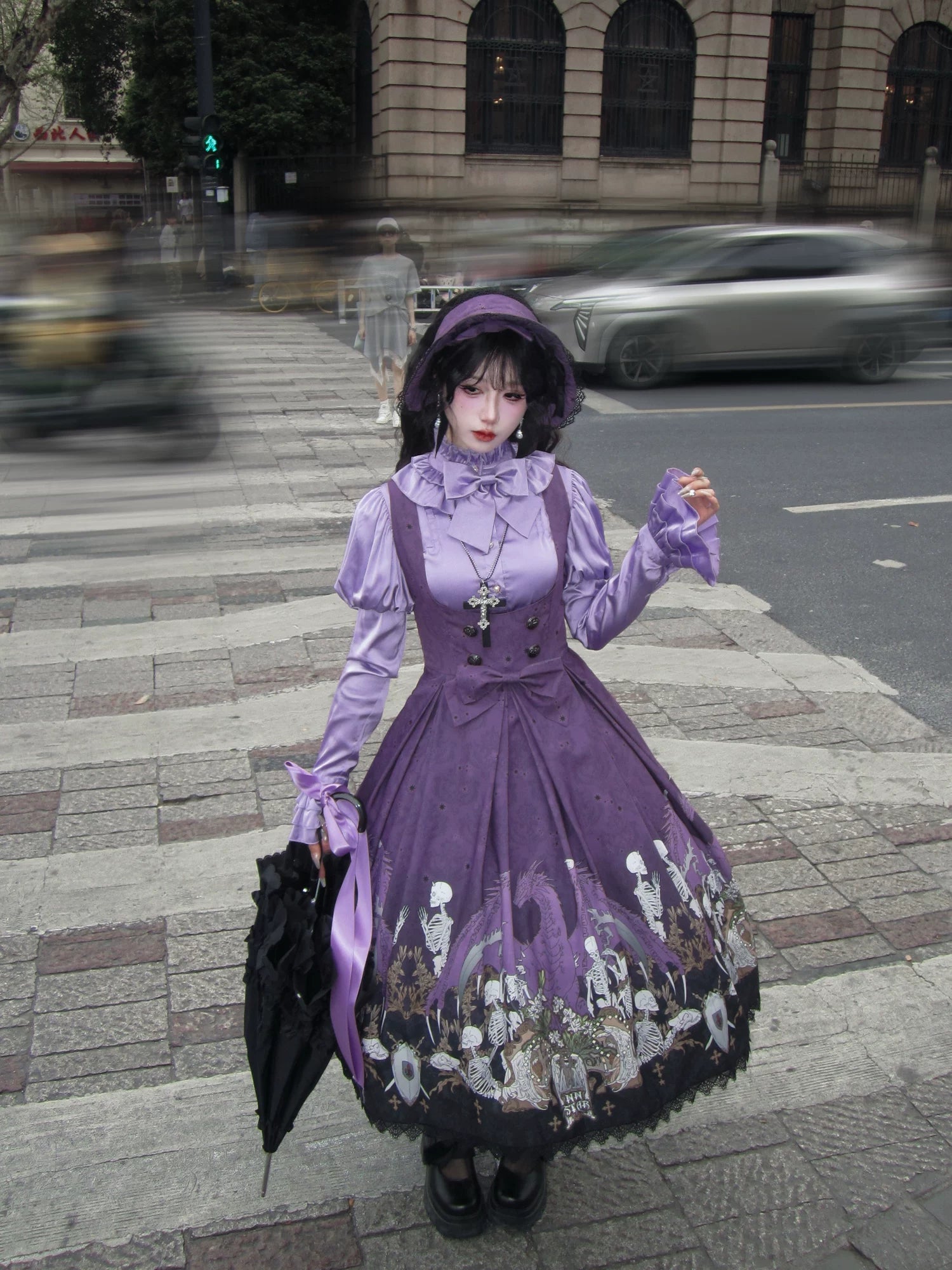 Dragon Bone Lily - Vintage Gothic Lolita Dragon & Skeleton Print JSK Dress 45283:844490