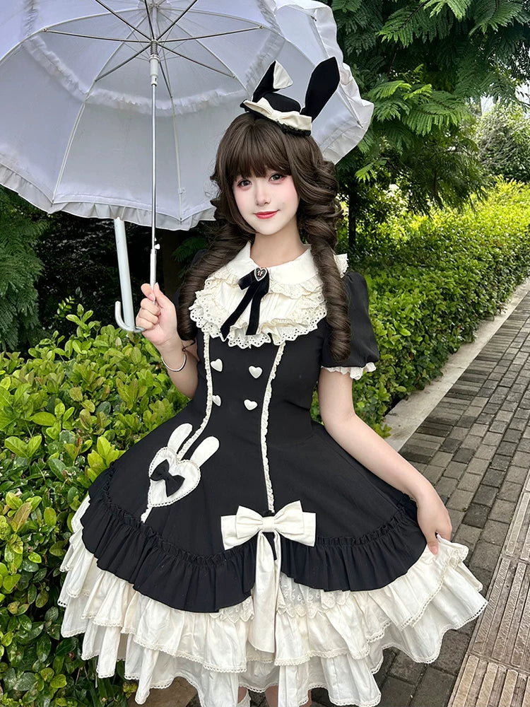 Creamy Bud - Old School Lolita OP Dress, Bunny Ear Heart Accent Black OP S