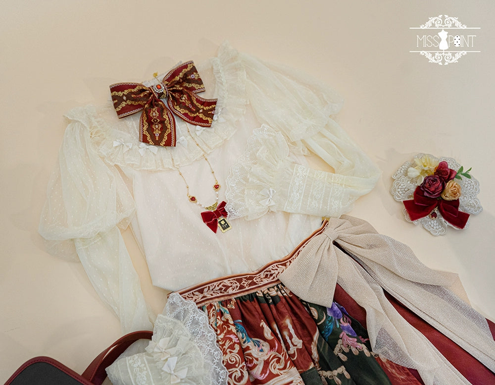 Miss Point - Kaleidoscope - Retro Lolita Headdress Bonnet Set and Necklace a pair of lace detachable sleeves with dot gauze