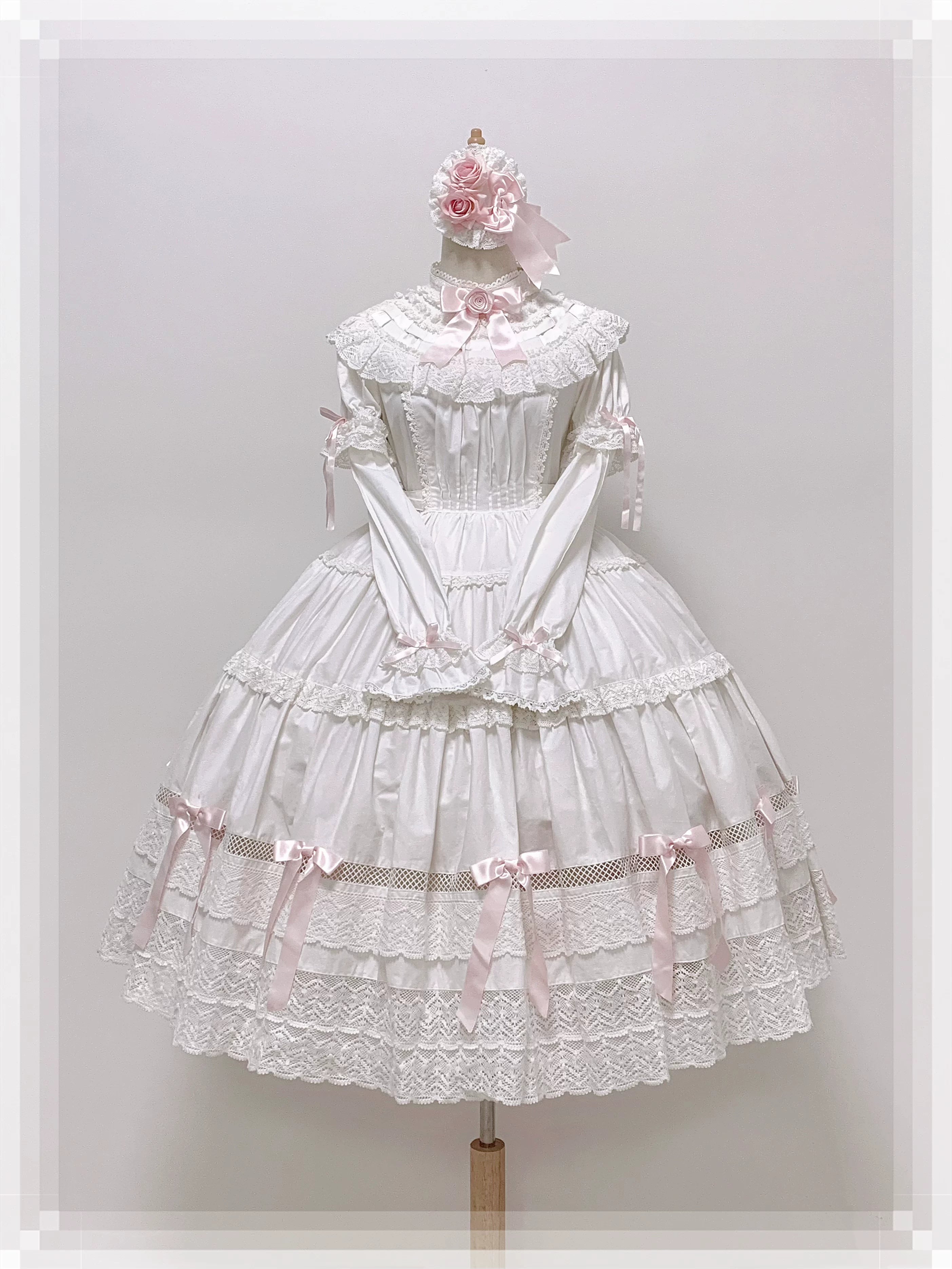 Edelburg Rose - Old School Lolita Cotton OP Dress Set, Detachable Sleeves (L M S XL) 45685:859067