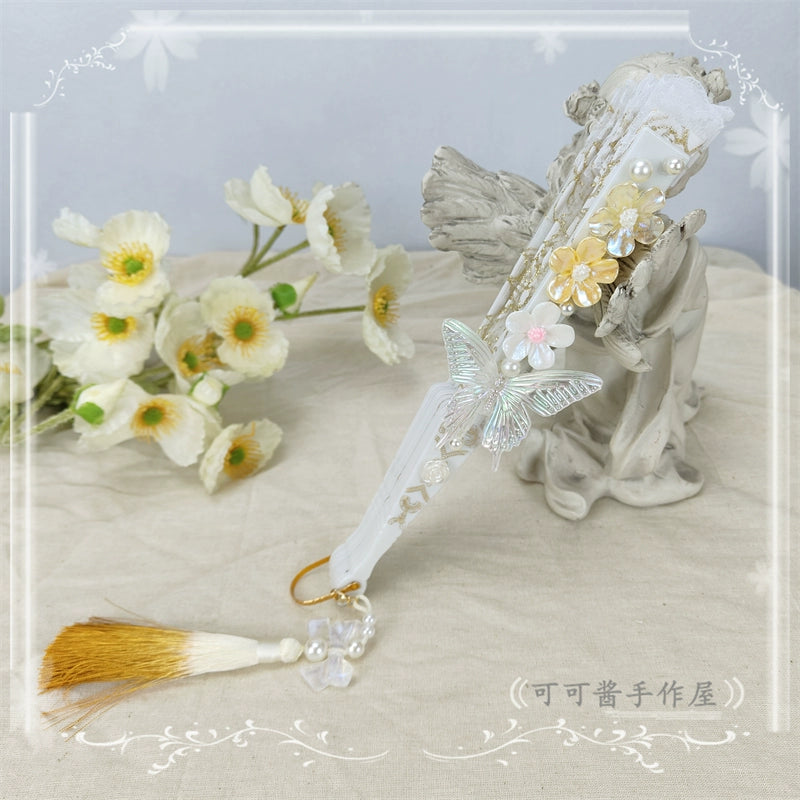 Cocoa Jam - Han Lolita Fan Decorative Folding Fan with Butterfly and Flowers Tassel