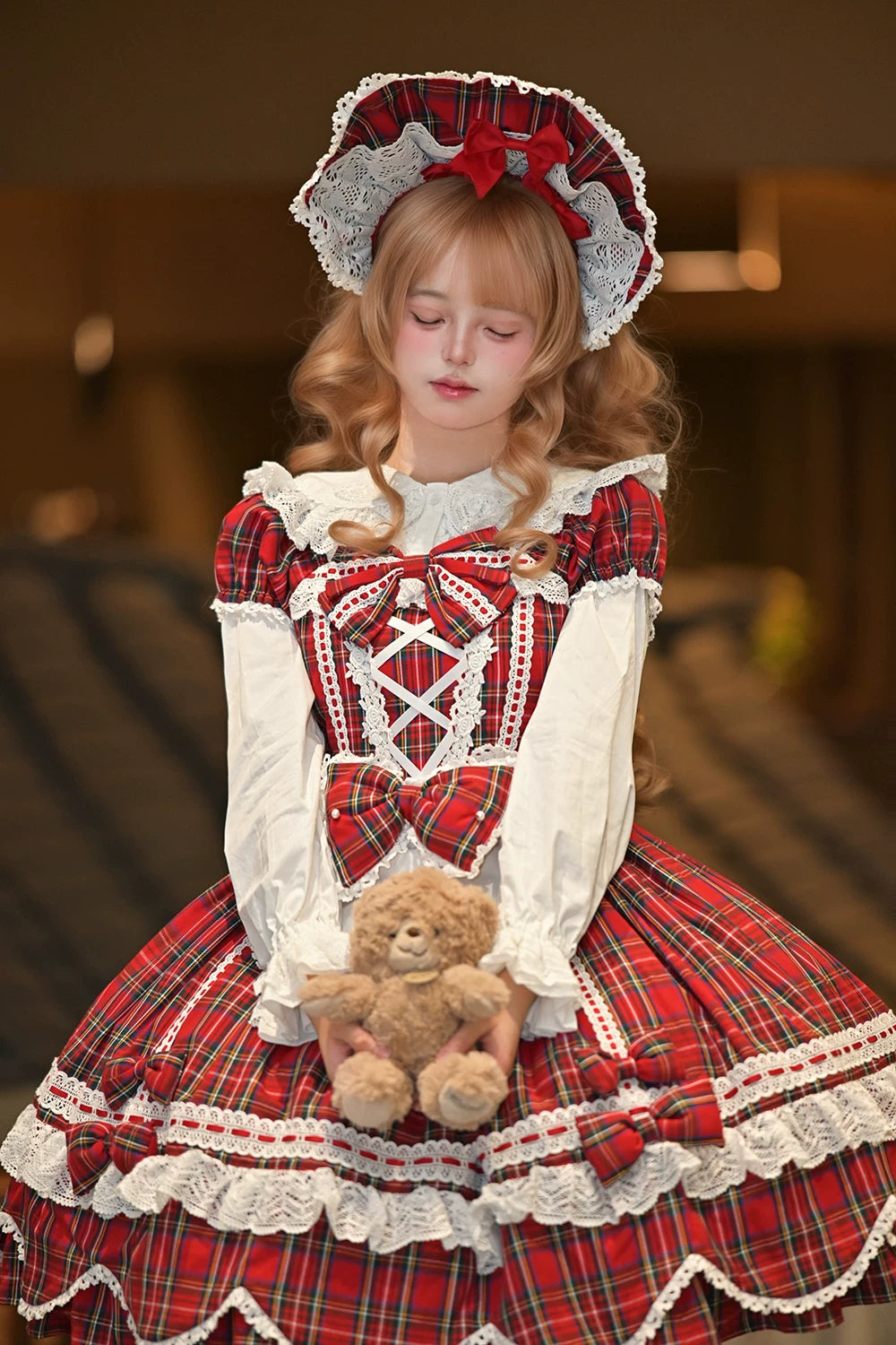 Plaid Petal Bunny - Old School Lolita Plaid OP Dress, Petal-shaped Hem 44673:818292