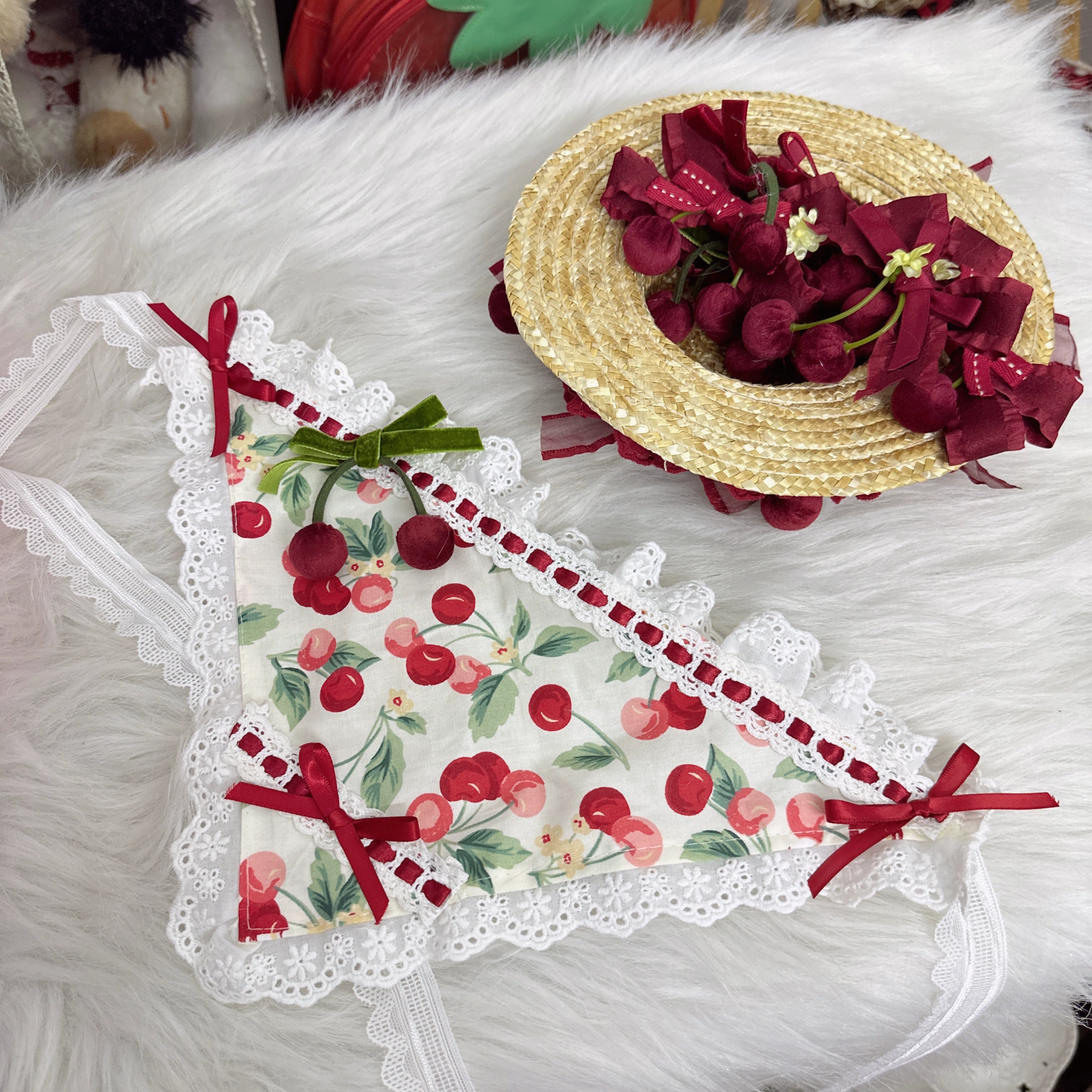 Chestnut Lolita~Sweet Lolita Headdress Cherry Hair Clip Straw Hat Necklace Handmade Set 36098:580956