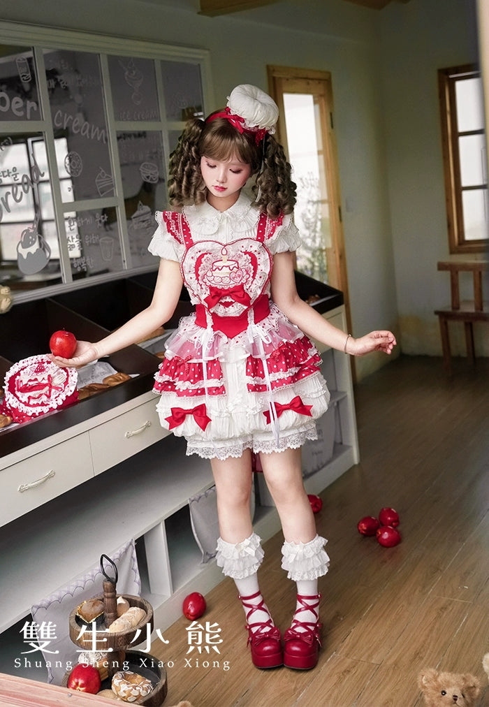 Shuang Sheng Xiao Xiong - Bite The Cake - Sweet Lolita Dress, Red & White Polka Dots 43600:780696