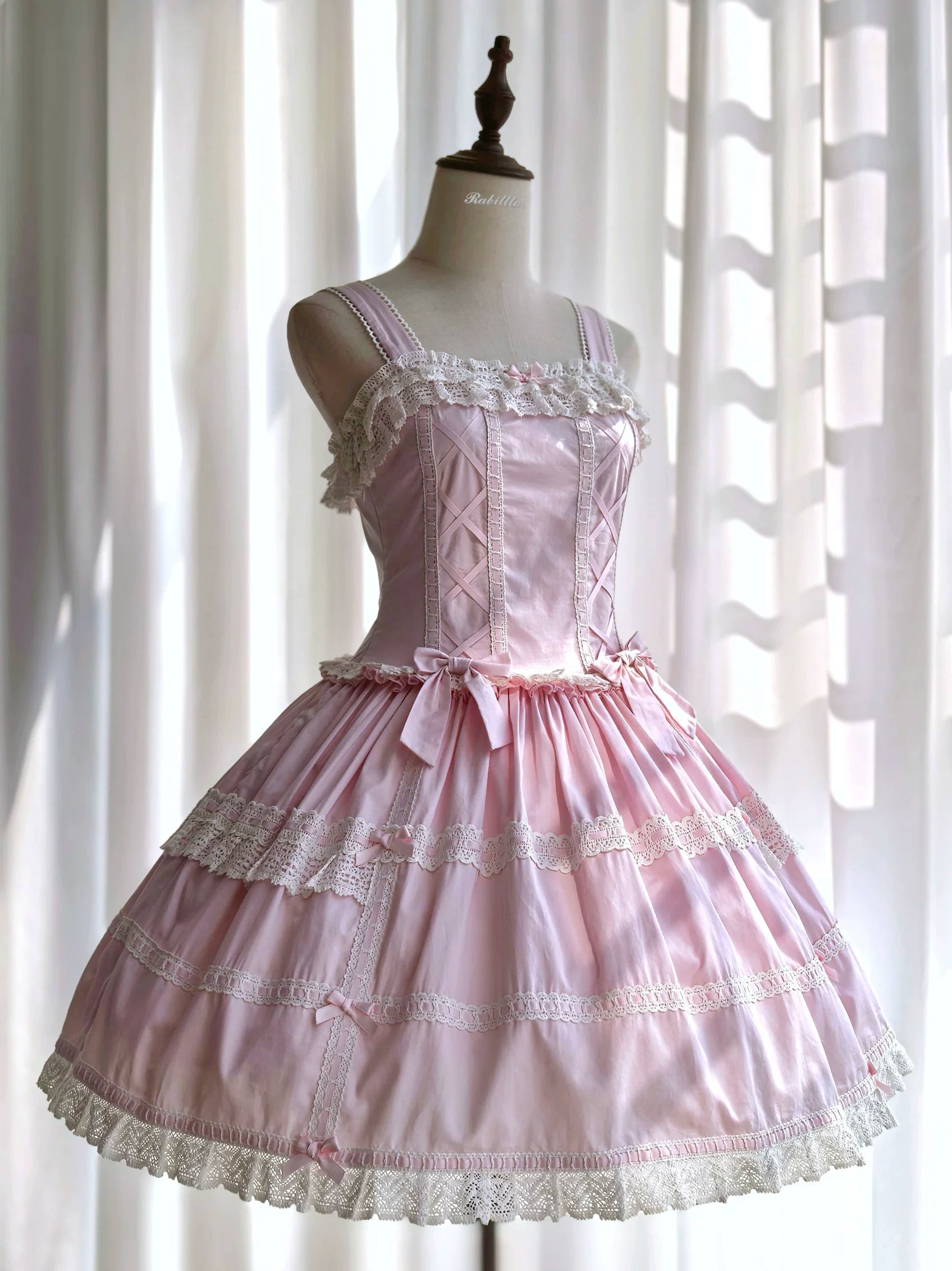 Yarn-Woven Doll Clothing - Old School Lolita Cotton JSK, Peter Pan Collar Blouse Pink and White XS JSK Only (without back bow)