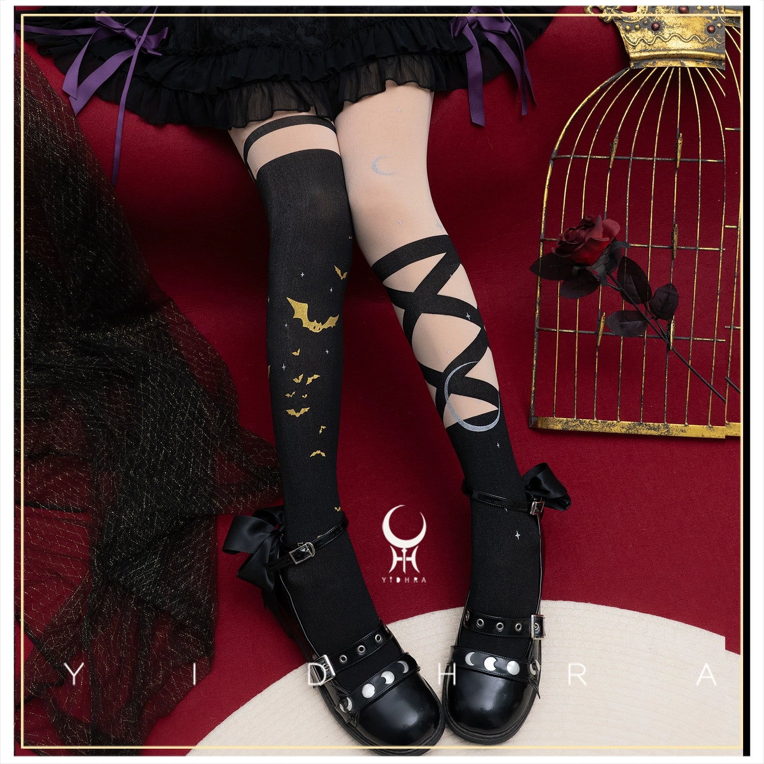 Yidhra - Night of Little Bats - Halloween Gothic Lolita Pantyhose, Bat Print 44059:795329