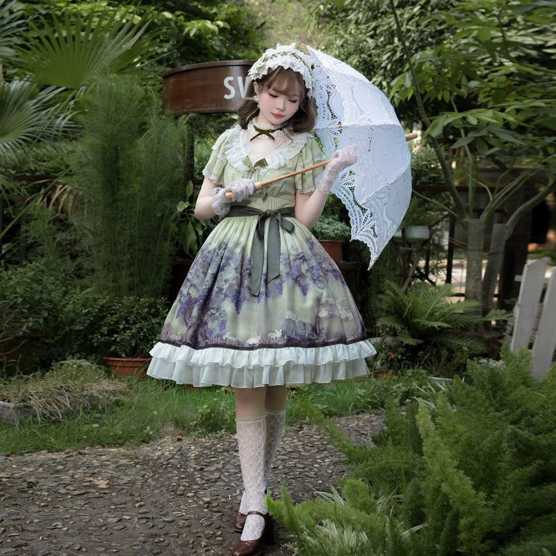 Grape Manor - Back Zipper Classic Lolita OP Dress, Bunny and Grape Print