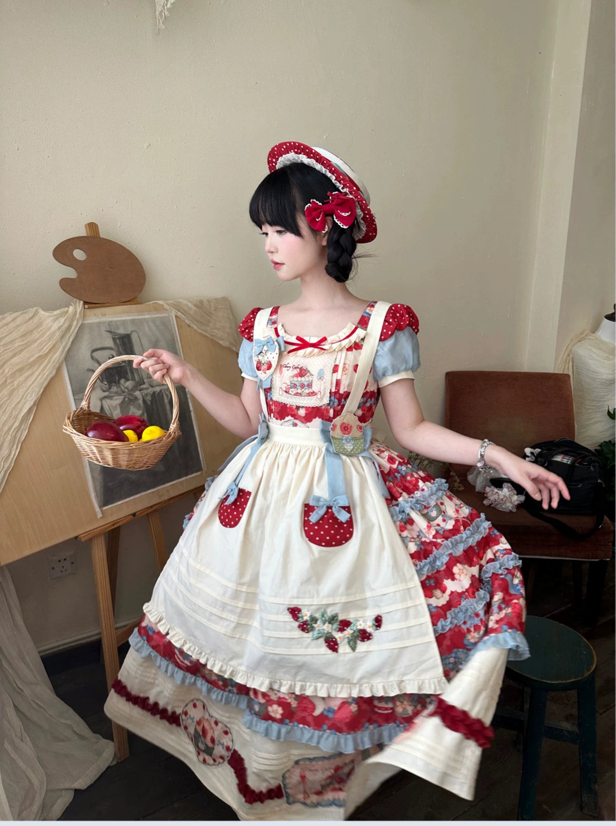 Rose Whispers - Strawberry Tata - Sweet Lolita Dress Suit With Strawberry Cake Print 43173:769164