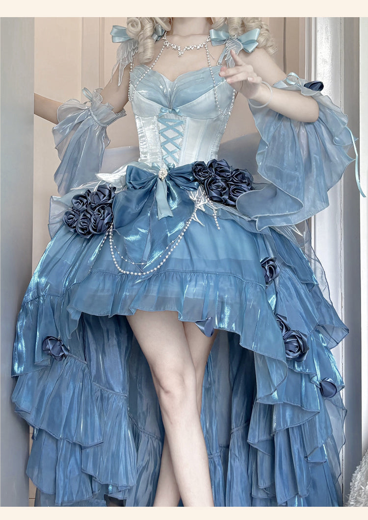 Meowing and Fruity - Swan Wonderland - Fairy Lolita JSK with High-Low Hem Sky Blue - Single JSK Only S