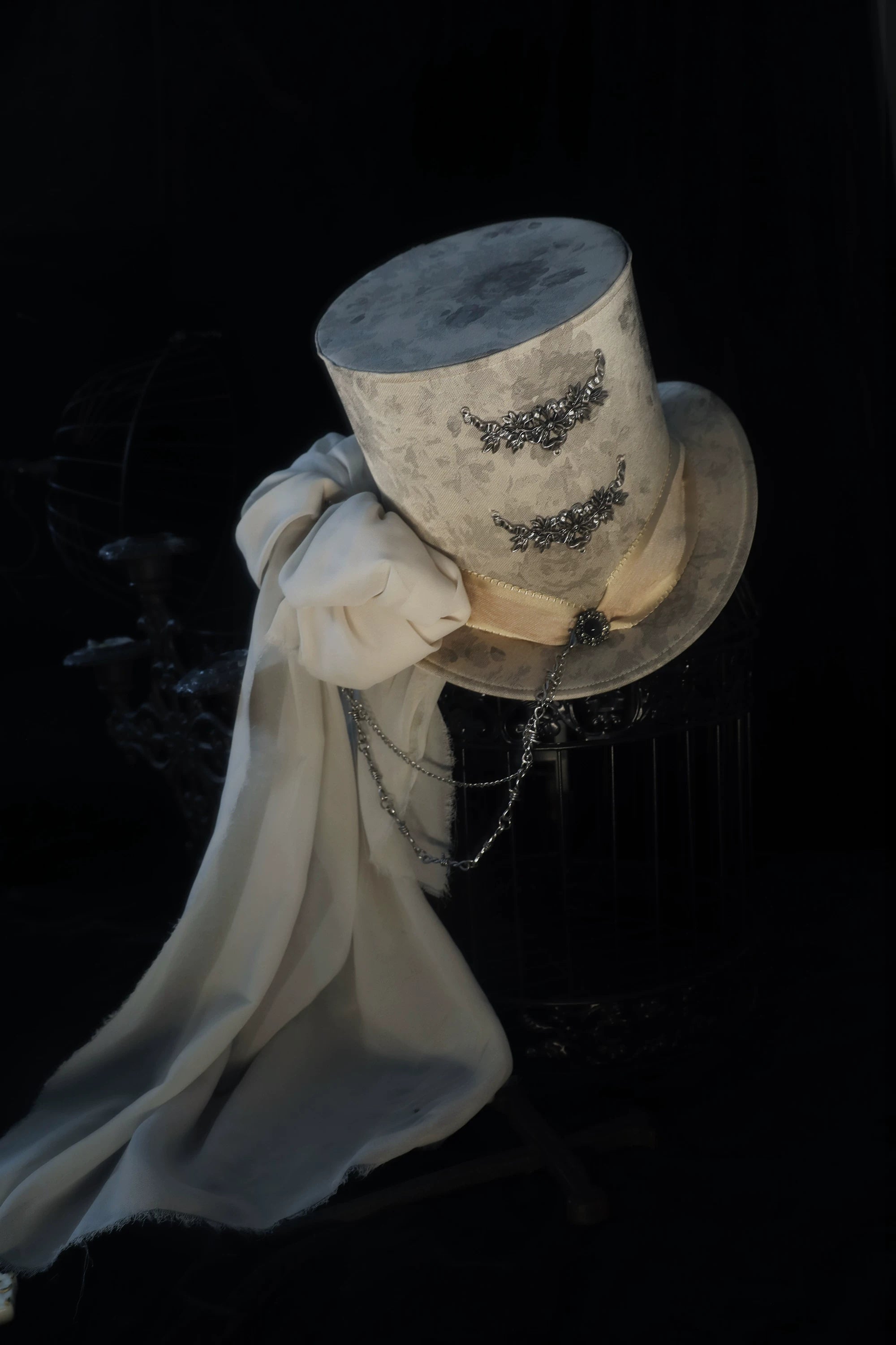 Genesis and Armageddon - Gothic Lolita Accessory, Skeleton Hand Decoration Silver - Tall Top Hat One Size