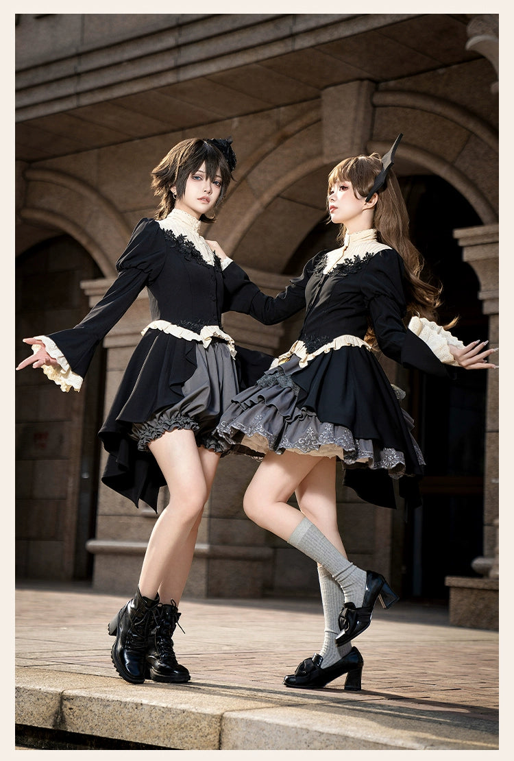 With PUJI - Night Feast - Gothic Lolita Suit Ouji Lolita Tailcoat Tiered Skirt Shorts