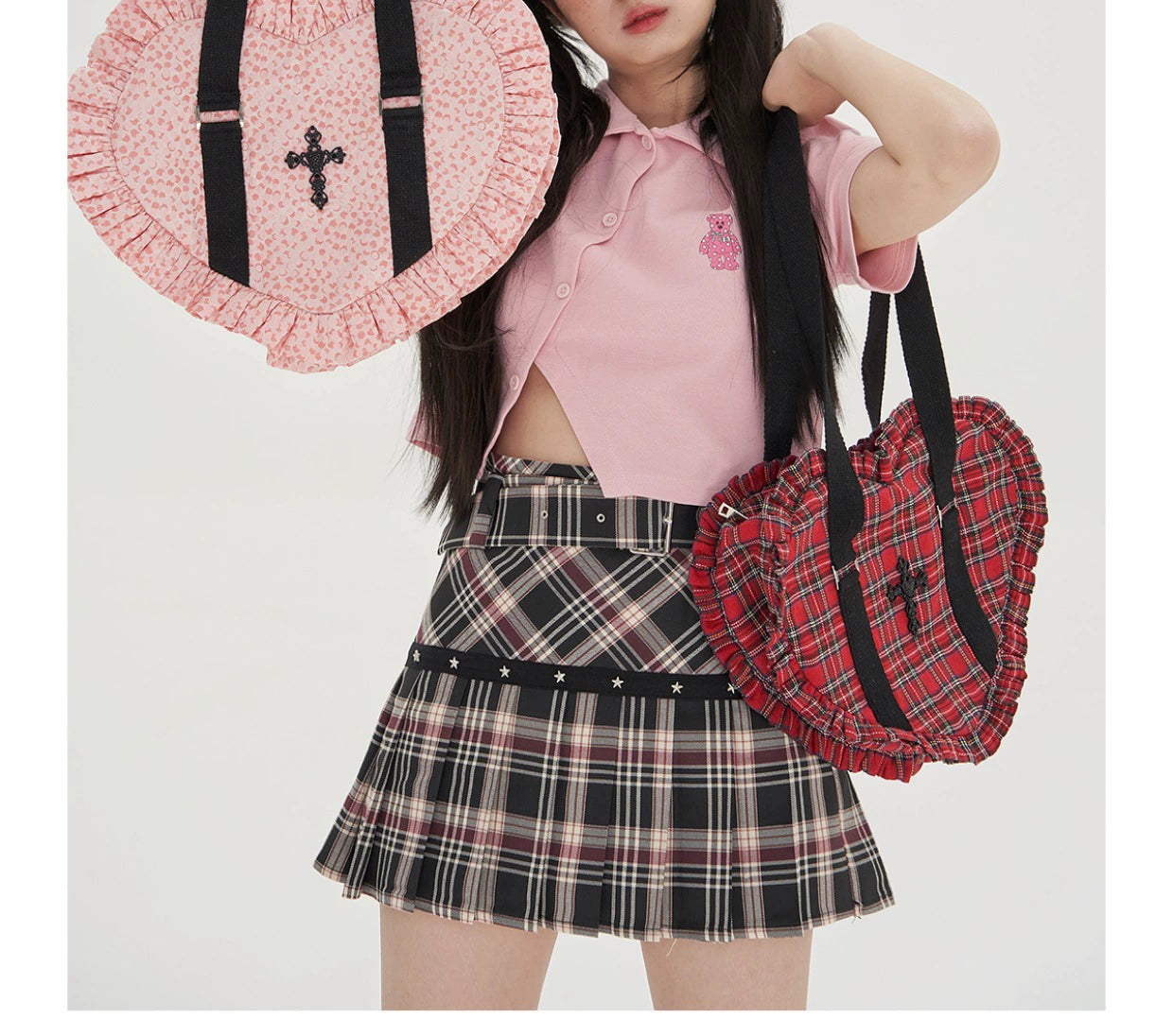 Soso Meme Club - Vintage Lolita Heart Shaped Plaid Dot Print JK Uniform Bag