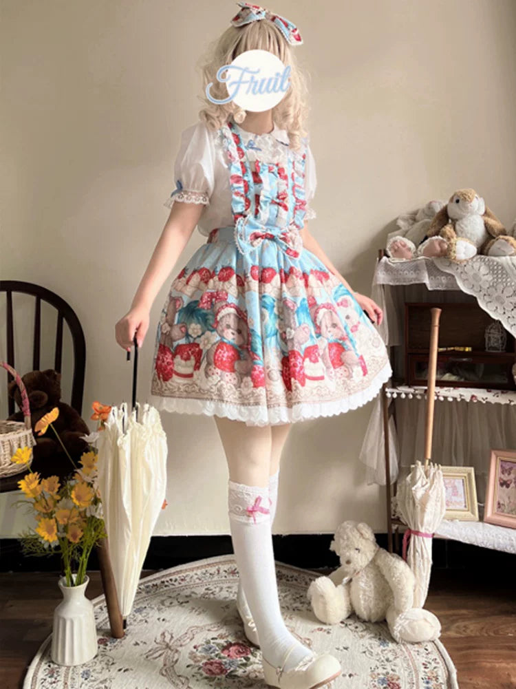 Bearberry Pastry Chef - Kawaii Lolita Salopette Dress, Bear & Strawberry Print