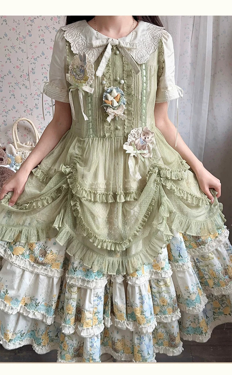 Flower Rabbit Bear - Country Lolita Tiered Skirt Dress, Floral & Bear Print