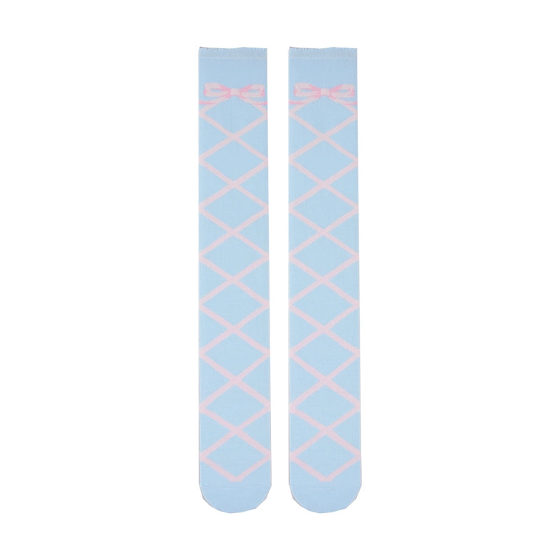 Roji Roji~Sweet Lolita Cotton Mid-Calf Socks knee-high socks pink straps on blue background 