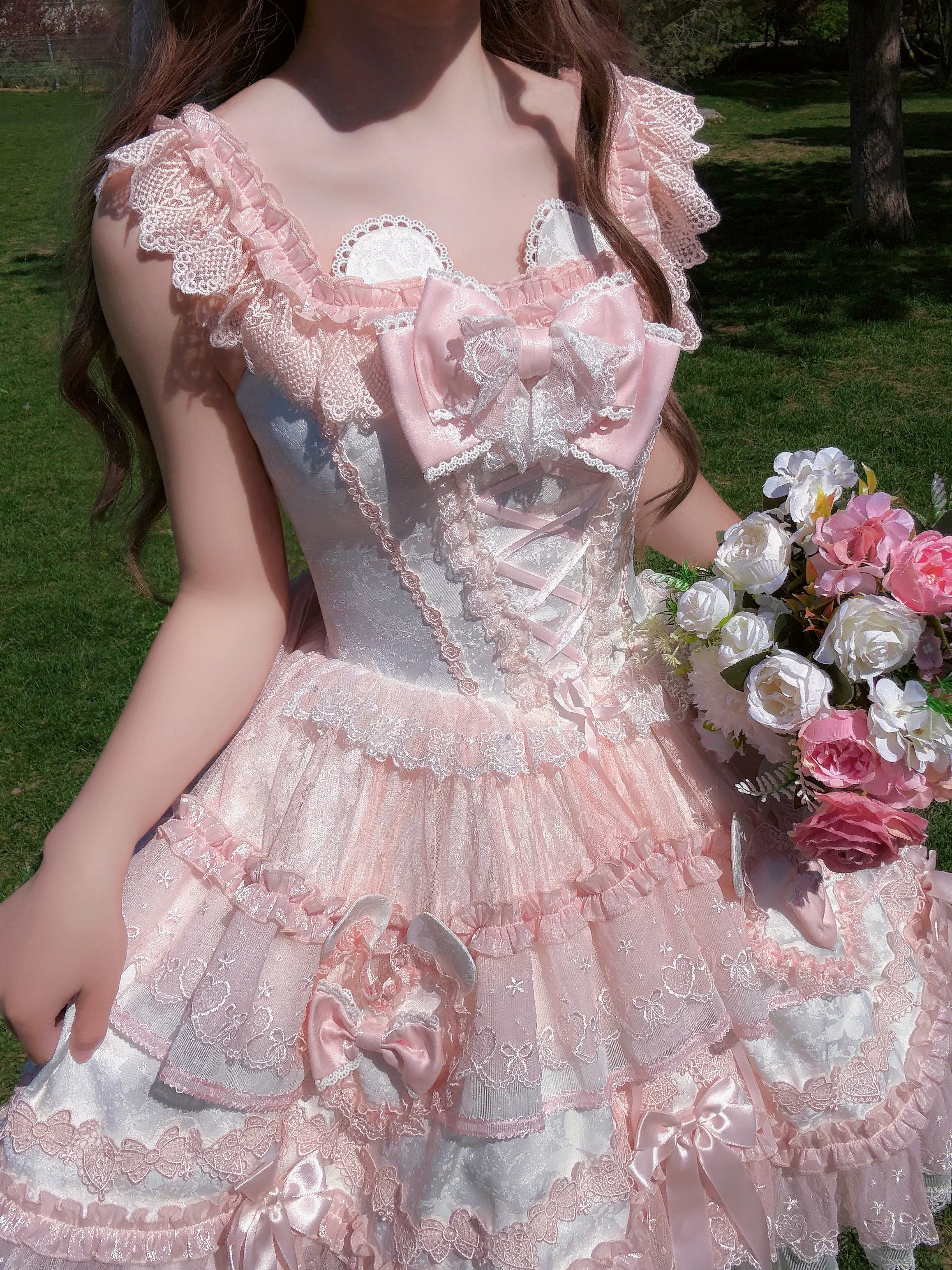 Heart Bear - Sweet Lolita Jacquard JSK Dress, Layered Lace