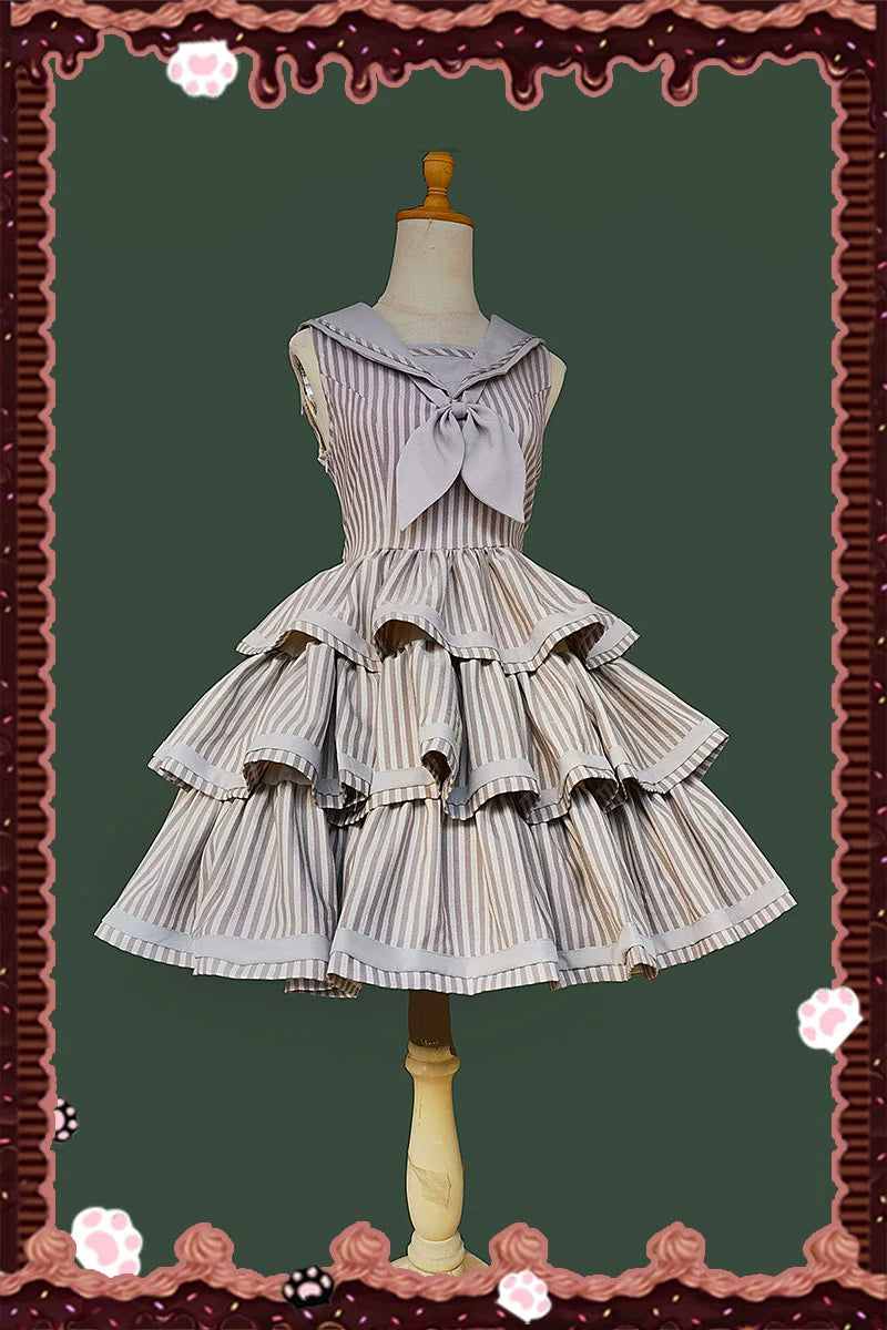 Infanta - From Afar - Vintage Striped Peppy-Style Lolita JSK & Cape Gray JSK Only S