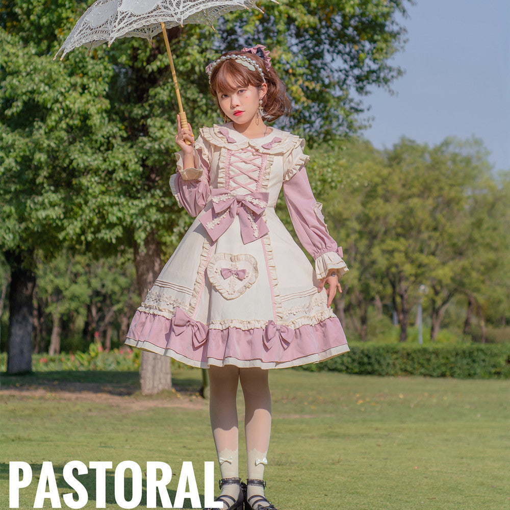 Niu Niu - Little Gardener - Plus Size Lolita OP Dress Pink Winter Long Sleeve L creamy white+pink