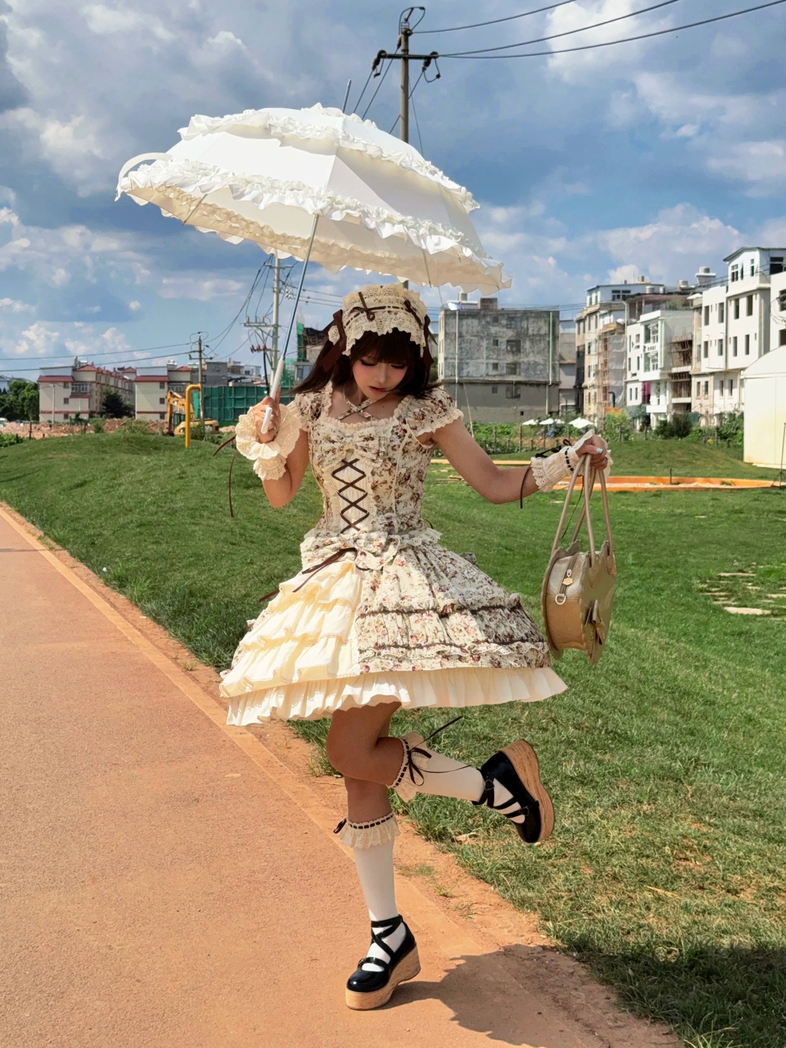 Old Rose Garden - Cotton Old School Lolita Top & Skirt Set, Floral Print 45886:866537