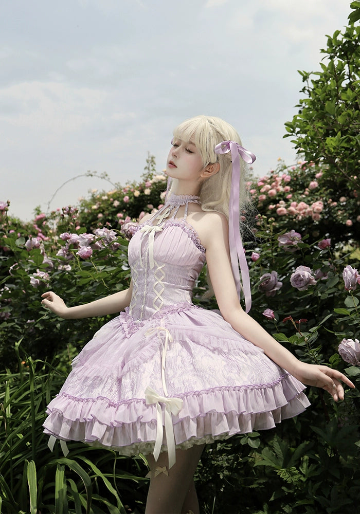 Alice Girl - Cross Maiden - Gothic Lolita Purple JSK Dress With Cross Halterneck & Voile Overlay