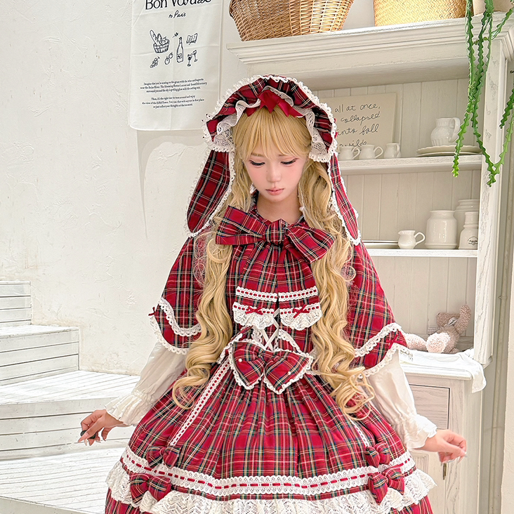 Plaid Petal Bunny - Old School Lolita Bunny Ear Cape, Lace-trimmed Petal Hem 45983:870737