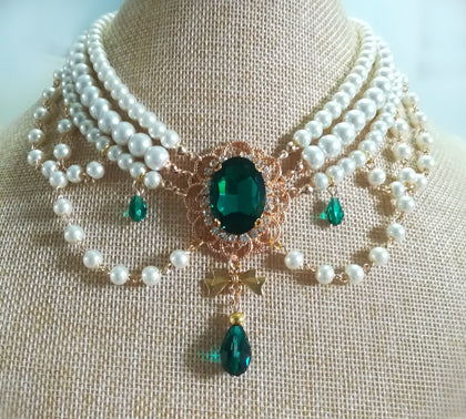 Rose of Sharon - Customized Lolita Pearl Necklace with Gemstone Pendants White Pearl + Peacock Green Gemstone/Crystal Pendant