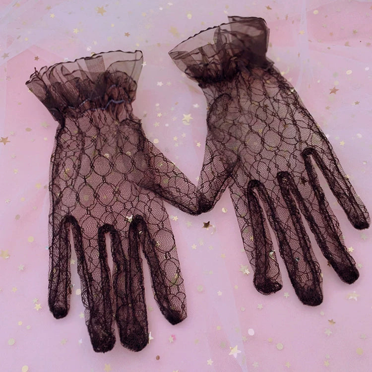Handmade Lolita Wedding Lace Gloves One size Black Lace Gloves (without bow)