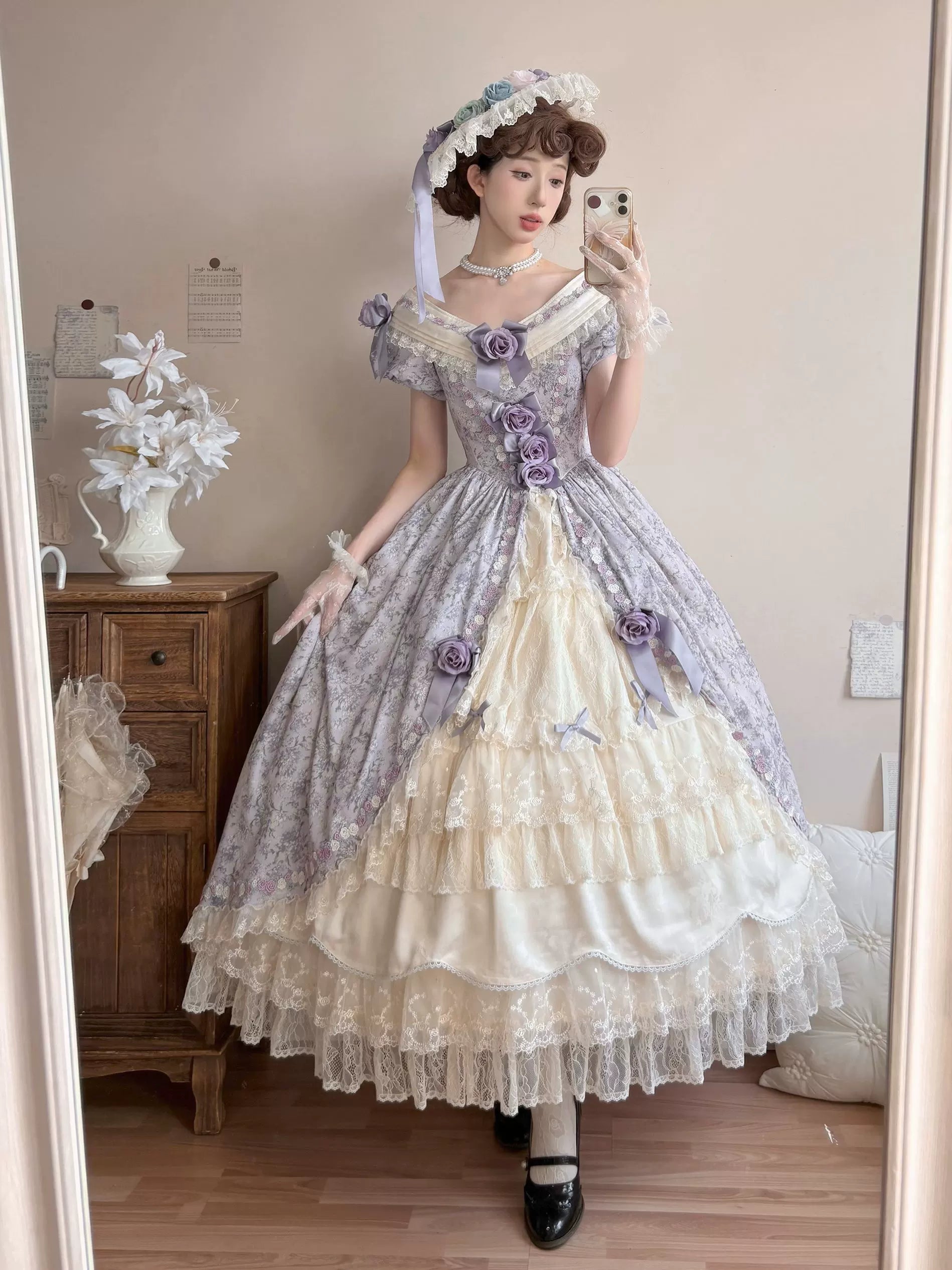 Dolota Flower Wall - Classic Lolita Floral OP Dress, Open Shoulder 44485:811163