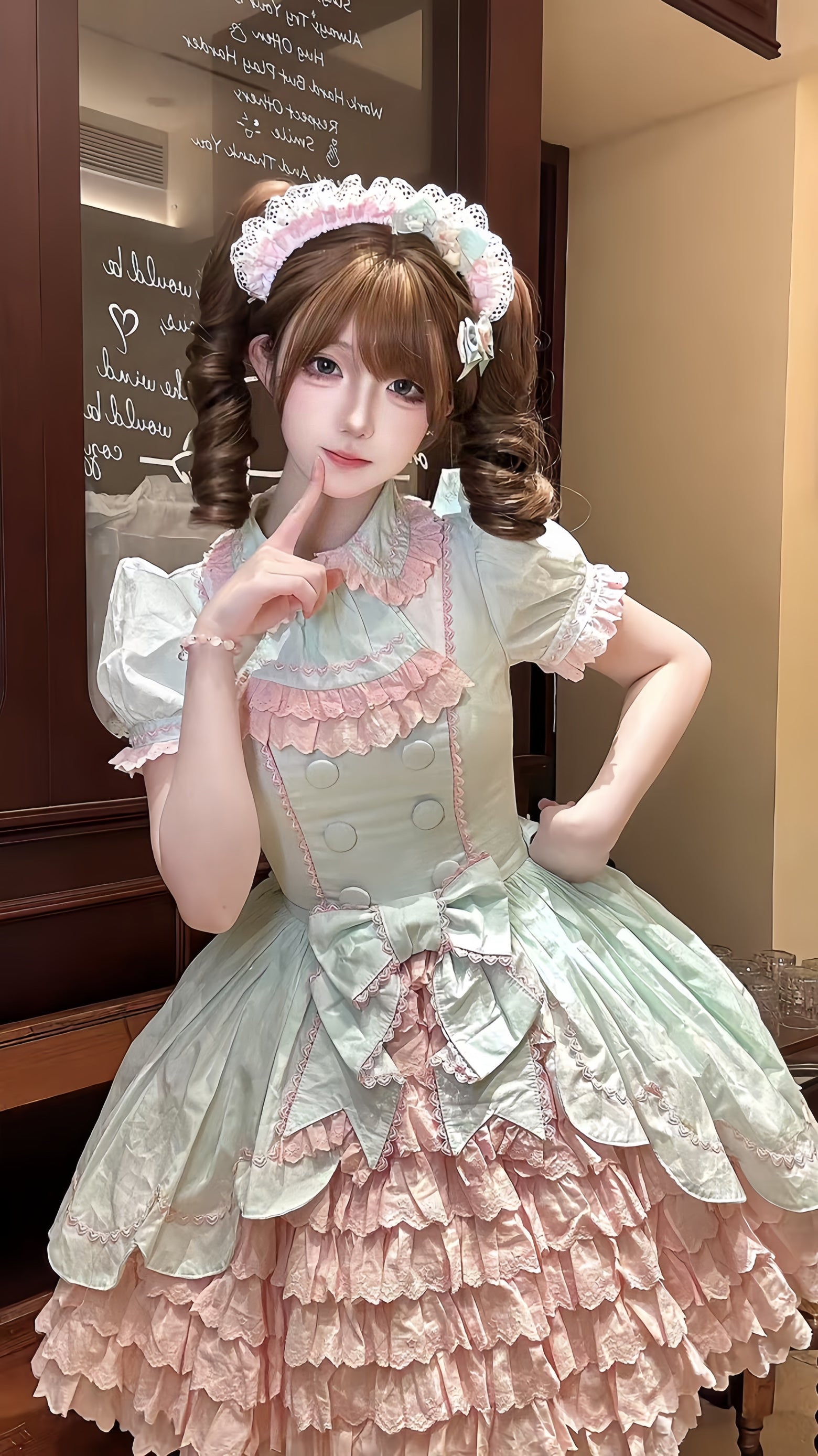 TaTaTa Lolita - Melon Parfait - Old School Lolita OP Suit Pink-Green Sweet Dress