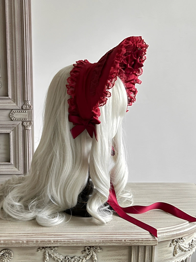 MAID - Gothic Lolita Lace Bonnet Wide Brim Bow BNT Headwear