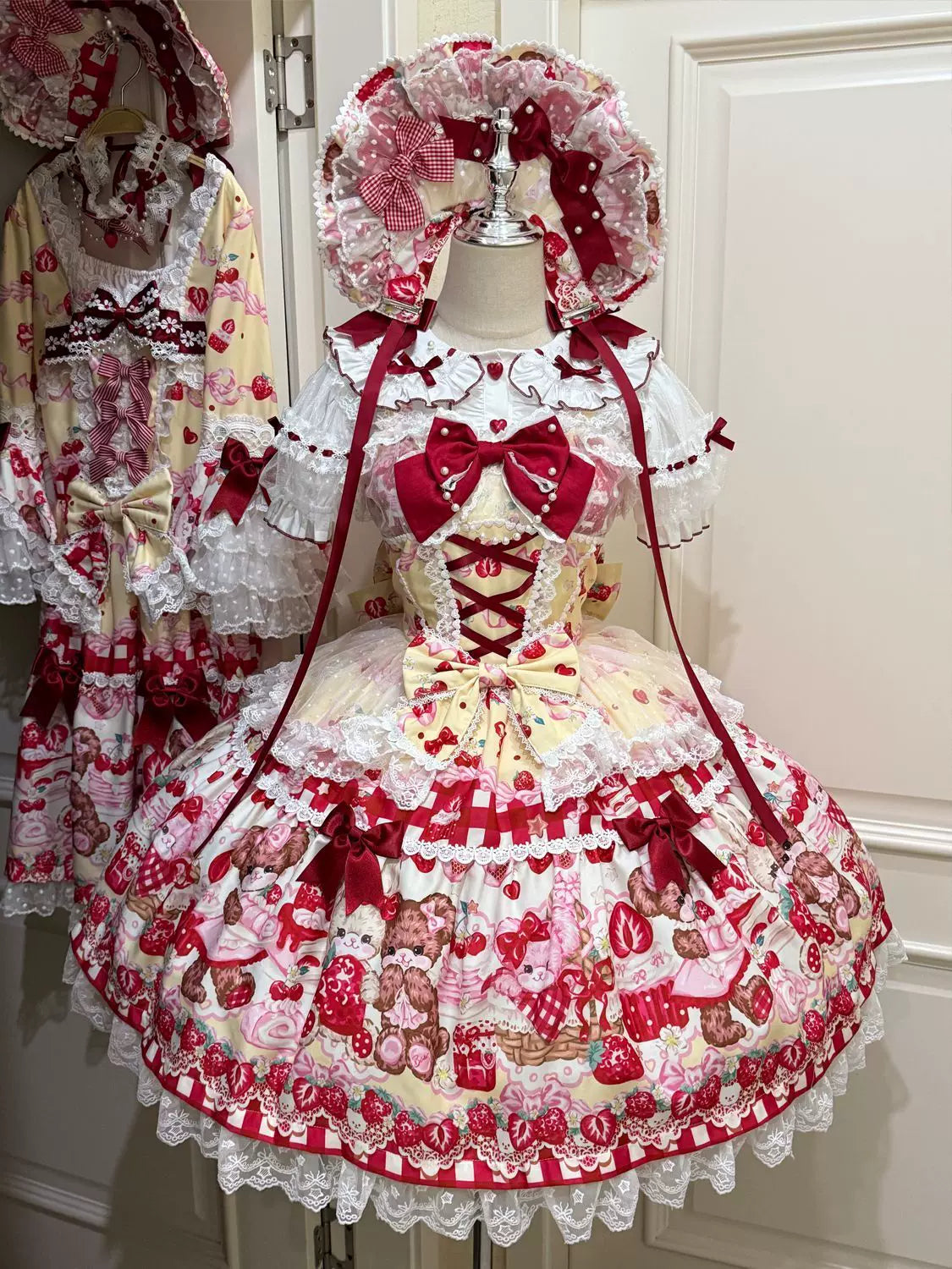 SweetBerry Bunny Bear - Sweet Lolita Tiered Lace JSK Dress, Strawberry and Bear Print Yellow - JSK Only S