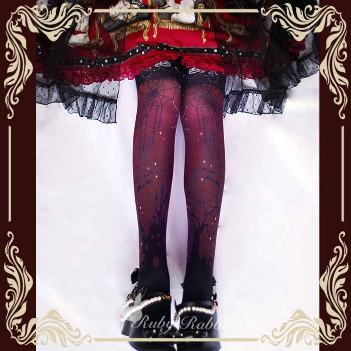 Ruby Rabbit - Halloween Gothic Lolita Castle and Spider Web Print Pantyhose M Red Violet