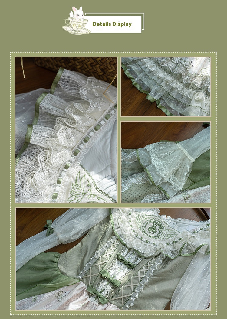 YingLuoFu - Teacup Bunny - Classic Lolita OP Dress, Fresh Green Floral Print 43263:783837