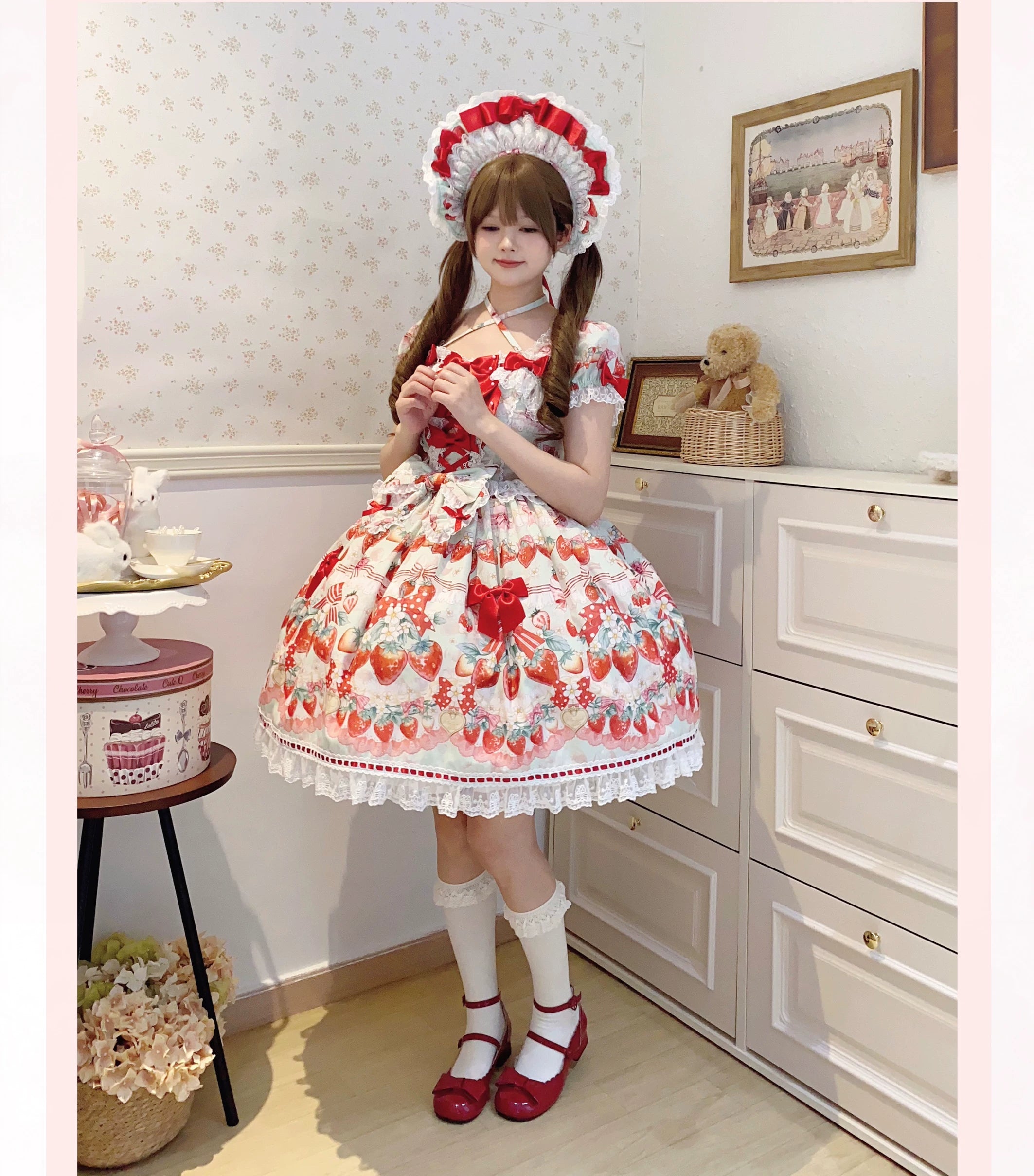 Strawberry Cream Bouquet - Printed Sweet Lolita OP Dress, Halter Neckline