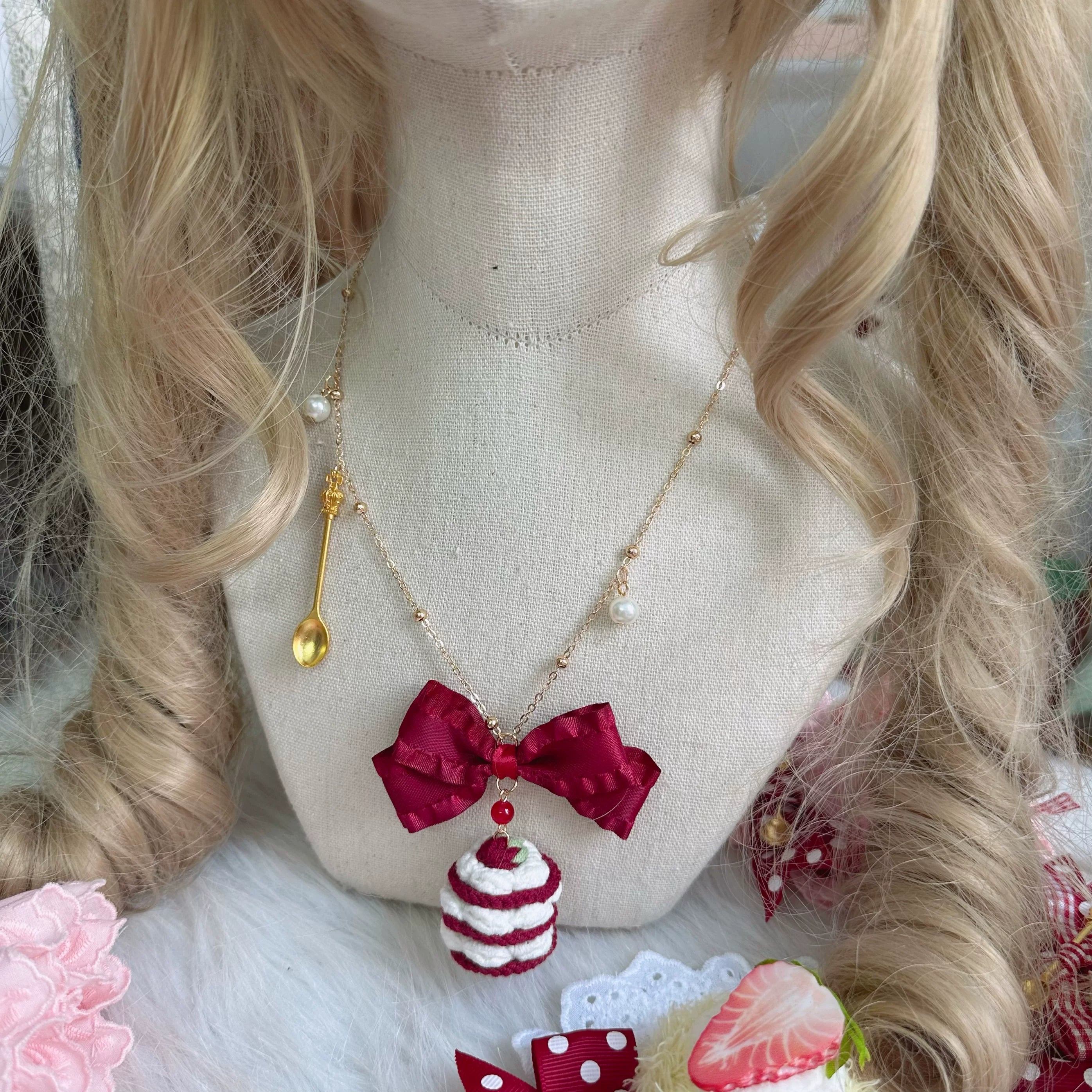 Sweet Lolita Headdresses, Strawberry, Ruffles & Bows One Red Cake Necklace Only