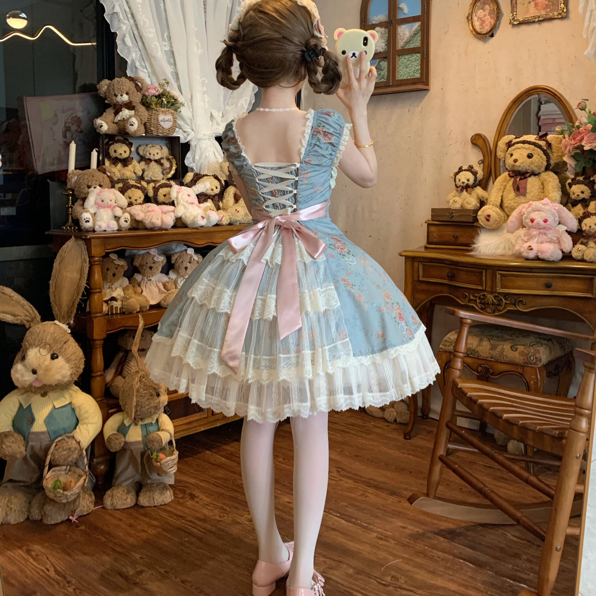 Pearl & Rose - Old School Lolita Floral Print Lolita OP Dress, Back Opening 45925:868409