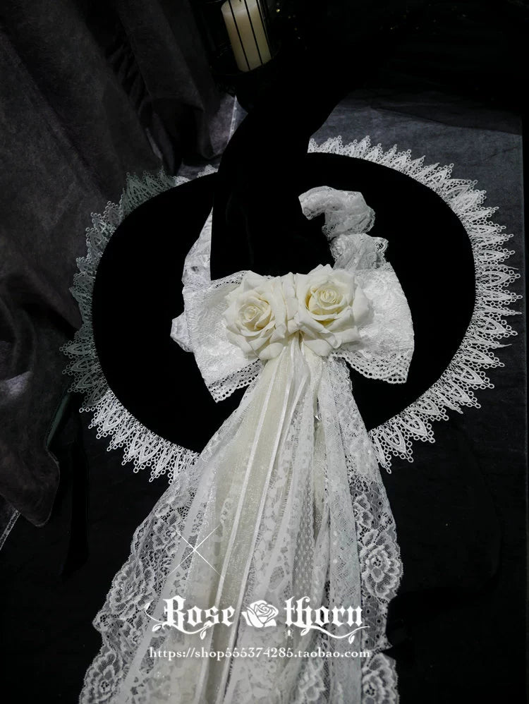 Rose Thorn - Gothic Lolita Witch Hat, Detachable Rose Black and White