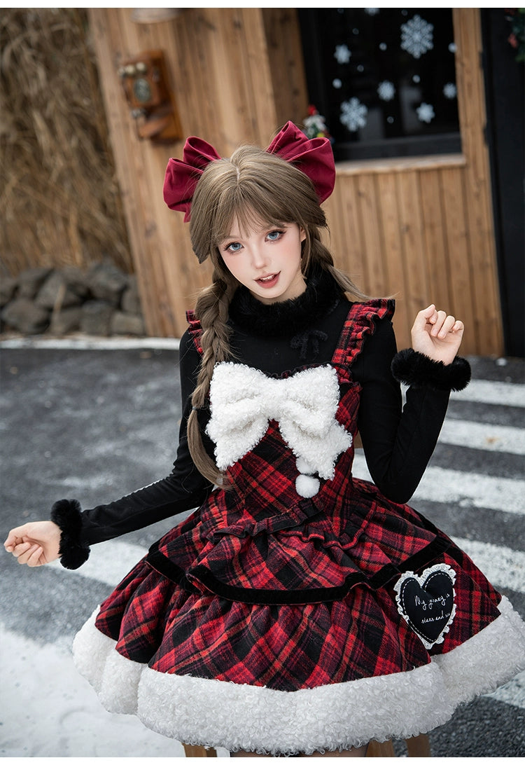 With PUJI - Snow Night Serenade - Fluffy Plaid Kawaii Lolita JSK, Reversible Cape 44279:802324