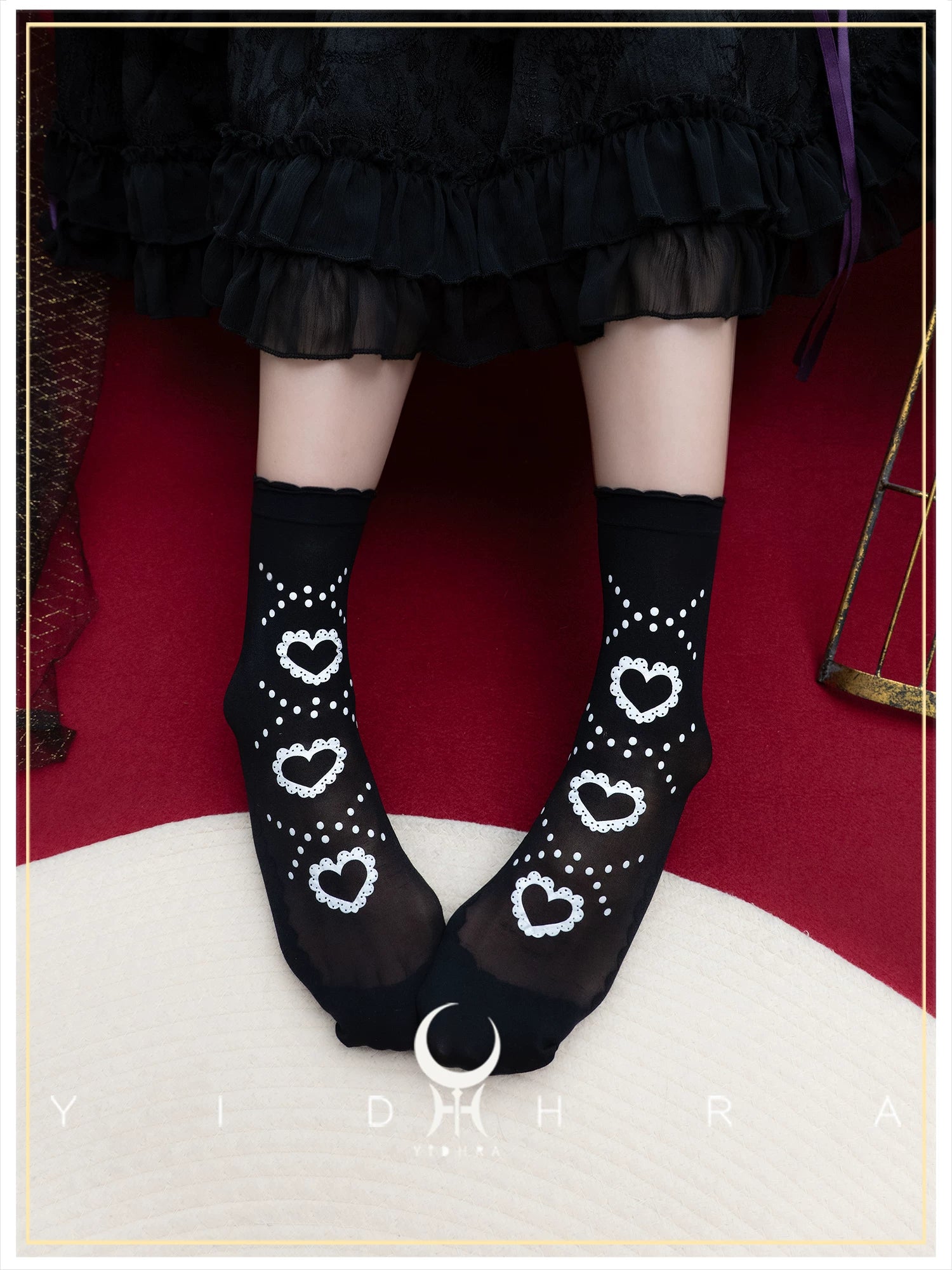 Sweet Lolita Heart Printed Ankle Socks, Detachable Lace Cuffs 45817:863091