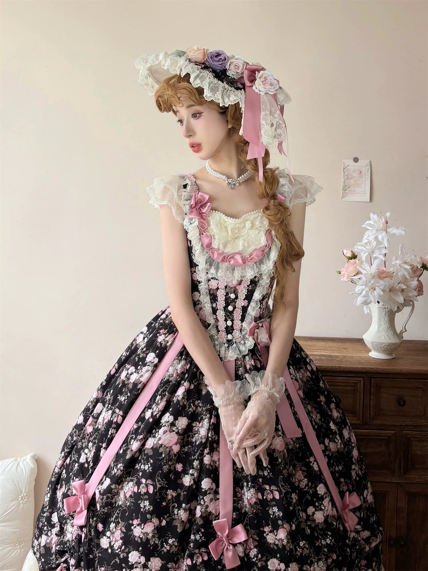 Dolota Flower Wall - Classic Lolita Floral OP Dress, Open Shoulder 44485:811120