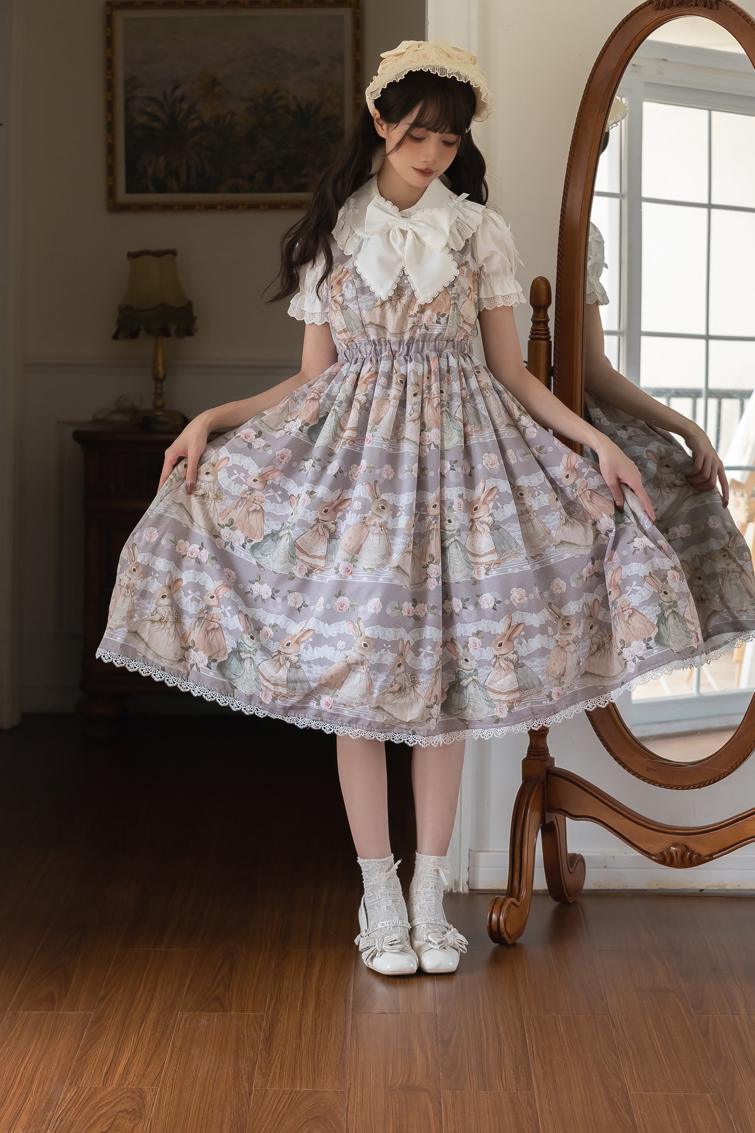 Fruit and rice - Tea Break Rabbit - Vintage Lolita JSK Rabbit Print Multicolors M Gray JSK