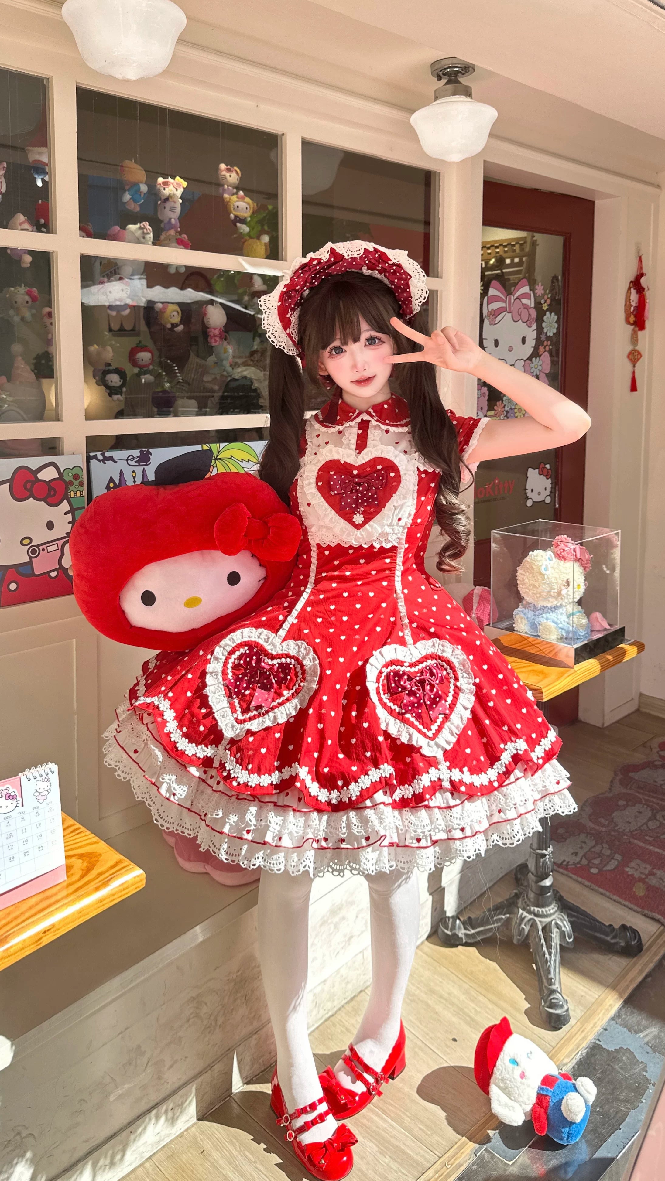 Maiden's Heart Knot - Cotton Old School Lolita Dress, Heart Polka Dot
