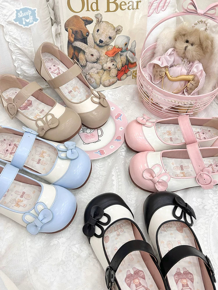 Bunny Milk Candy - Kawaii Lolita Flat Shoes, 3D Bunny Ear Bow