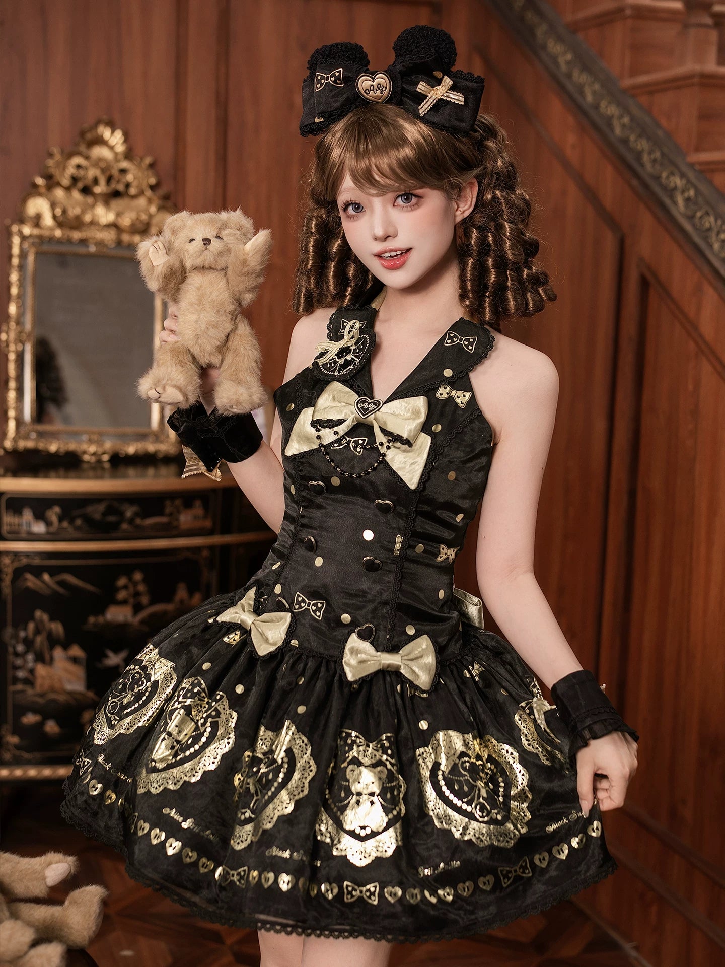 Brown Sugar Bear - Old School Lolita OP & Halter Dress, Bear Print 45249:842125