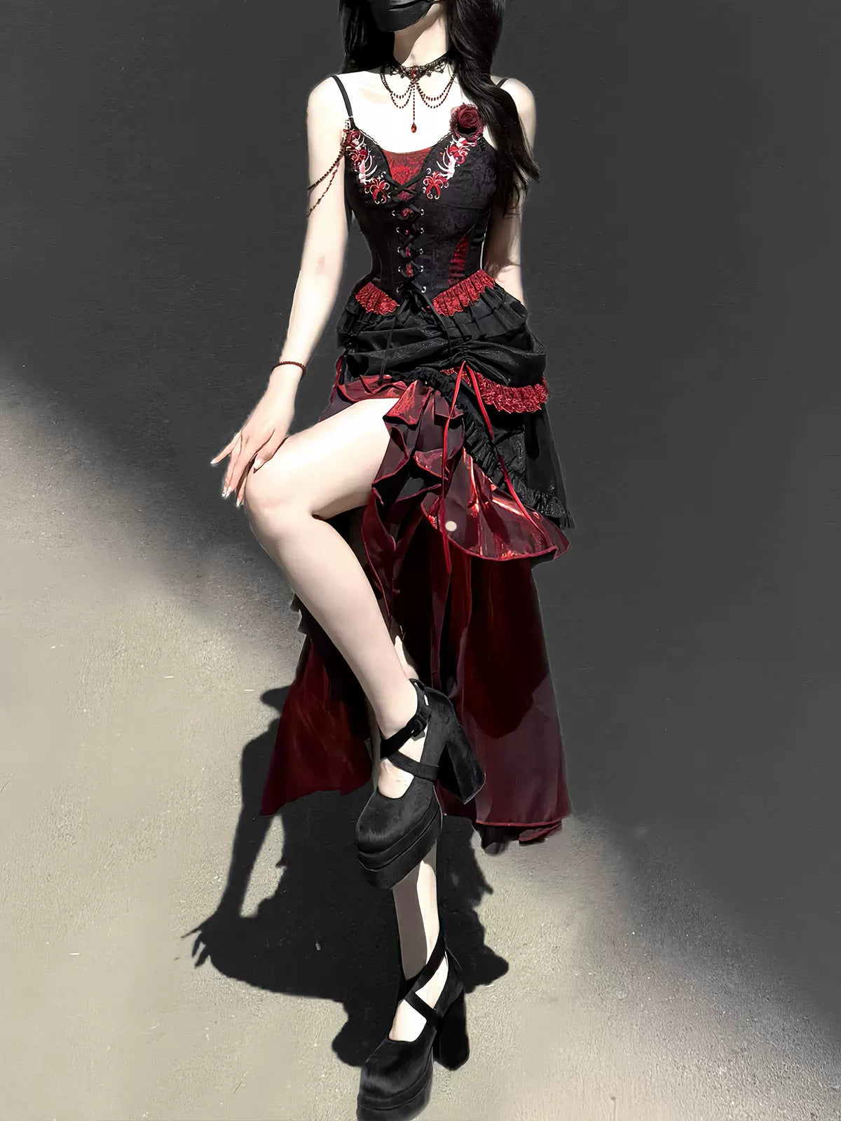 Bone Rot Bloom - Gothic Lolita Embroidered Camisole & Drawstring Lift-up Hem Skirt 45593:854847