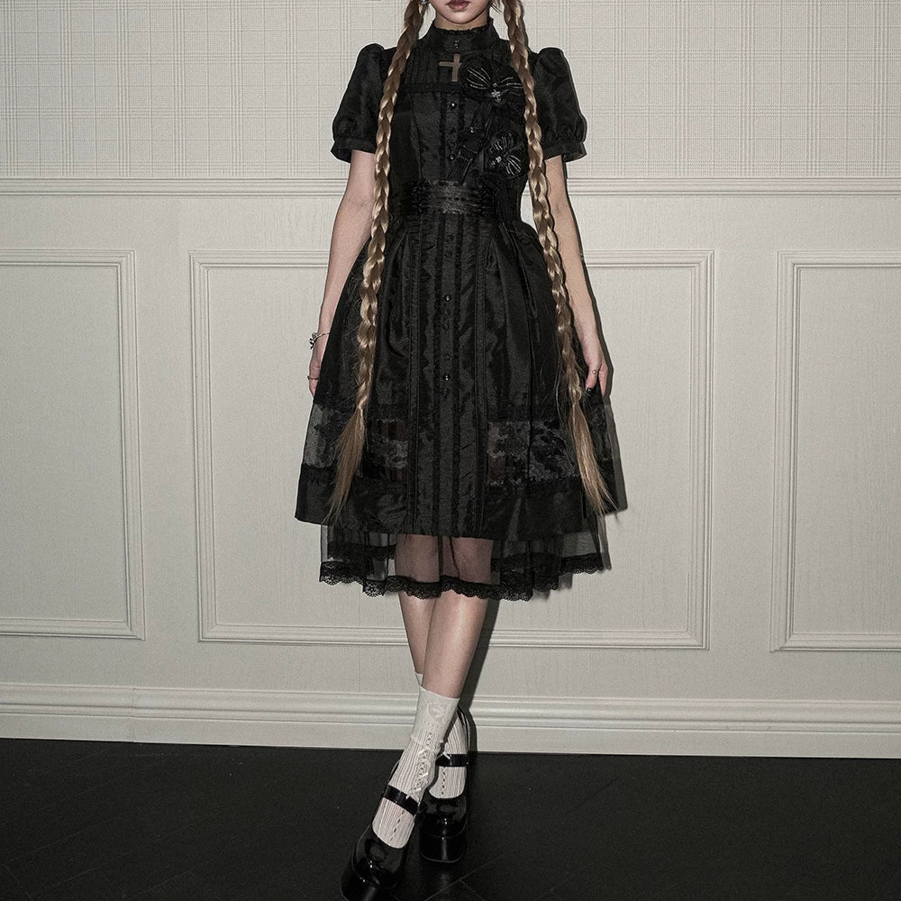 Ghost Orchid - Gothic Lolita OP Dress, Embroidered Cross